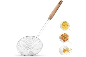 AEX Stainless Steel Spider Strainer - Fine Mesh Strainer Wooden Handle - Durable Wired Skimmer Spoon | Spider Ladle for Frying Food, Spaghetti, Pasta Drainer - Kitchen Utensils for Cooking (6.3 Inch)