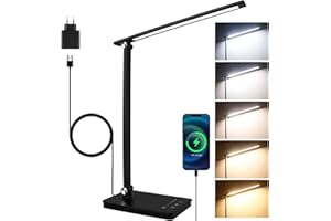 Akynite Lampa biurkowa LED z adapterem 2A, 5 kolorów, 10 poziomów jasności, ściemnialna lampka nocna z funkcją pamięci, port USB-C, do czytania w pracy, czarna