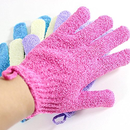 Moonmini®, set di 4 paia di guanti esfolianti, guanti da doccia a doppio lato, in nylon, durevoli, scrub esfoliante per donna, uomo, bambini, scrub per acne e cellule morte