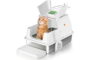 EOSARCU Stainless Steel Cat Litter Tray with Lip, Large Enclosed Litter Box, Cat Litter Box Tray for Medium Large Cats, Easy Clean, Odor Control, 180° Flip-Top - White