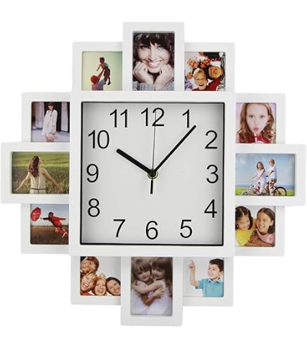 ZEP Taranto Wanduhr Mit Bilderrahmen – Platz Für 8 Fotos (4x10x15 Cm, 4x10x10 Cm), 48x48 Cm, Schwarz