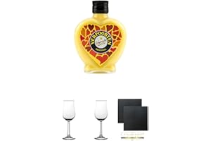 UNBEKANNT Verpoorten Original Eierlikör Herzflasche 0,2 Liter + 2 Nosing Gläser Kelchglas mit Eichstrich 2cl und 4cl + 2 Schiefer Glasuntersetzer eckig ca. 9,5 cm Ø