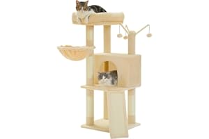 Purpurra Katzenbaum, mehrstufiger Katzenturm für Hauskatzen, Katzenkletterbaum-Condo mit Sisal überzogenen Kratzpfosten, tiefer Hängematte und interaktivem Katzenspielzeug, Grau 105cm (Beige)