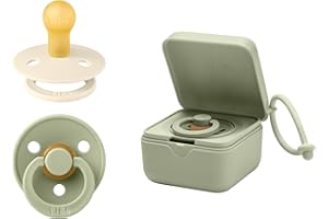 BIBS Schnullerbox Bundle - Bunte Schnuller, Runder Naturkautschuk-Sauger und Sterilisierbox - Komplettes Set für Glückliche Babys, Größe 1 (0-6 Monate), Sage