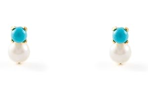 MONDE PETIT Boucles d'Oreilles Bébé Enfant Turquoise 2 mm Perle 3 mm Or Jaune 18 Carats - Coffret cadeau - Certificat de garantie - Mondepetit