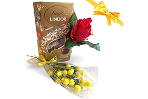 NARAMAKI Lindt Lindor Idee Regalo Festa Della Donna - Lindt Lindor Assortito 200gr + Rosa Fuxia Artificiale + Mini Mimosa Artificiale