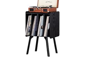 LELELINKY Soporte de madera para discos de vinilo con 4 armarios, mesa giratoria de vinilo de Century con patas de madera maciza, soporta hasta 100 álbumes, estante de vinilo negro para dormitorio,