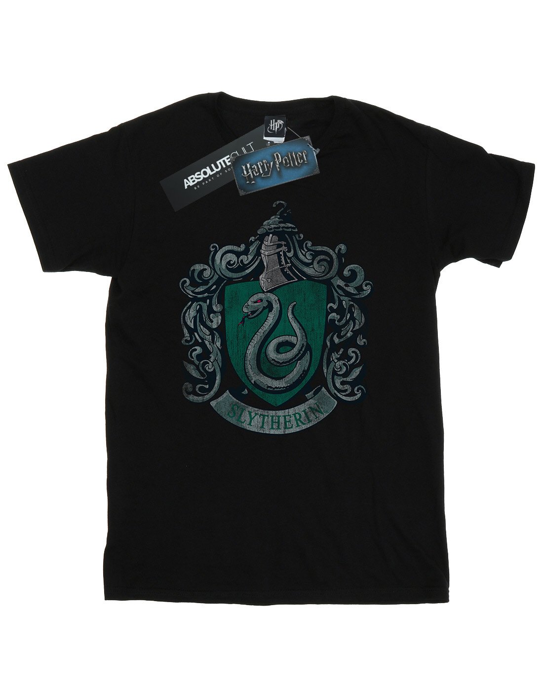 HARRY-POTTER-Damen-Slytherin-Distressed-Crest-Boyfriend-Fit-T-Shirt-Medium-Schwarz