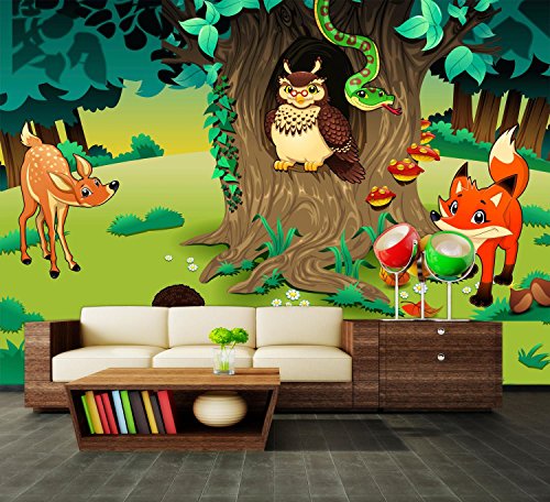 Fototapete Freundliche Waldtiere Kinder Tapete Kunstdruck Wandbild Vliestapete XXL | XS 150 x 105cm - 3 Teile | Papier
