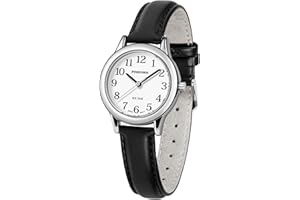 PINDOWS Minimalistische Uhren für Damen, Goldton-Gehäuse mit schwarzem Lederarmband, Modisch, Elegante Quarz-Analoguhr für den täglichen Gebrauch