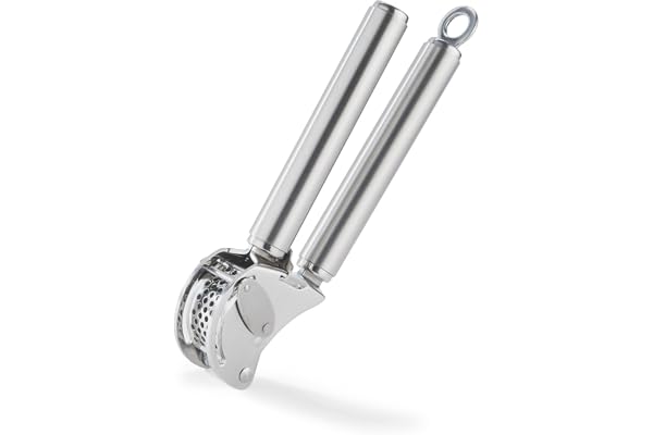 Rösle USA 12895 vitlökspress, rostfritt stål, silver, 20 cm | Professionell kvalitetspress för ingefära och vitlök, med vikbar sil, diskmaskinssäker
