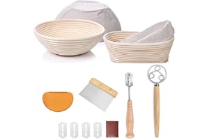 YAANI Cestino per Lievitazione del Pane Set di 2 Rotondi e Ovali, Cestino per Lievitazione Banneton + Frusta per Impasto + Lame per Pane + Raschietto per Impasto + Raschietto Flessibile Regalo