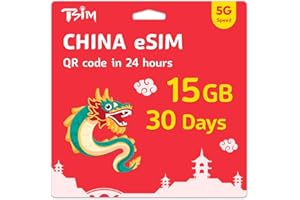 TSIM Cina eSIM 30 Giorni | 15GB Alta Velocità | Attivazione Automatica | Condivisione Hotspot Permessa | Codice QR eSIM via email in 24 ore | Scansiona e usa subito | Solo Dati, No Voce