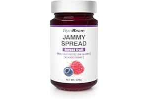 GymBeam Jammy Spread - Geleeaufstrich ohne Zucker, Fruchtaufstrich mit Fruchtstücken, fettfrei, kalorienarm, ideal zum Abnehmen, köstlich süß, perfekt für Brot, Breie & Desserts (220 g, Waldfrüchte)
