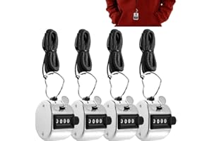 AFUNTA 4 Digit Hand Tally Zähler mit Lanyards, 4 Pack Mechanische Lap Tracker Manuelle Clickers mit Metall Finger Ring Hoop Halter und Schwarze Strings - Silber