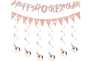 HUKUMA 40. Geburtstag Partydeko Set,Geburtstagsdeko 40 jahre,Sweet 40 Deko Luftschlangen Rosegold,Frau Girlande Spiralen, Happy Birthday Banner Deko zum 40 Geburtstag Frauen