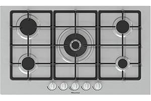 Hisense GM973XF Piano Cottura a Gas, 5 Zone di Cottura, Larghezza 90 cm, Griglie in Ghisa, Accensione Integrata, Inox Anti Impronta, Bruciatore Wok 86x51x9cm