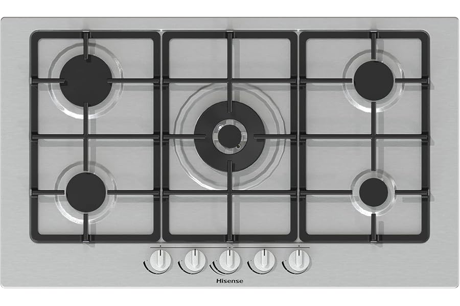 Hisense GM973XF Gas Hob, 5 Cooking Zones, Width 90 cm, Cast Iron Grills, Integrated Ignition, Anti-fingerprint Stainless Steel, Wok Burner 86 x 51 x 9 cm