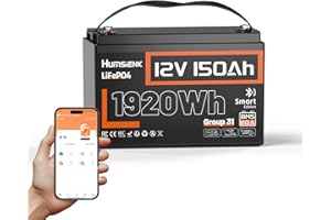 Humsienk Batería Litio LiFePO4 12V 150Ah con Bluetooth,1920Wh, BMS Inteligente de 110A,4.000–15.000 Ciclos Profundos de 12 V 1920 Wh Recargable,Protección Baja Temperatura—para Solar,Autocaravana (RV)