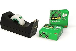 Scotch Dispenser da Tavolo per Nastro Adesivo, Porta Nastro Adesivo con 3 Rotoli di Scotch Magic Trasparente 19 x 33 m, Base Appesantita, Nero