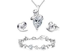 findout love heart jewellery set silver necklace silver earrings silver bracelets Amethyst red pink blue white Crystal Heart Silver pendant Necklace + stud earrings sets gift for women girls with jewellery box silver chain