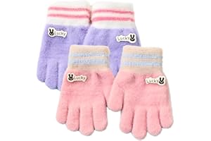 EJRUP Gant Enfant 2 paires de gants d'hiver pour enfants en fourrure imitation vison (rose + violet pâle), adaptés pour les petites filles, style cartoon mignon
