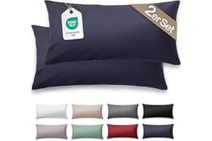 ‎BLUMTAL Blumtal Mako Satin Kissenbezug 40x60 Baumwolle Dunkelblau - 2er Set Kissenbezüge aus 100% Baumwolle - Edle Glanzoptik & Reißverschluss - Satin Kissenbezug für Kissen 40x60 Dekokissen & Sofakissen