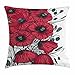 Produktbild Floral Throw Pillow Cushion Cover, Embellished Large Poppy Flower Florets Romantic Rural Bouquet Botany Design, Decorative Square Accent Pillow Case, 18X18 Inches, Red Grey Black