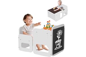 ‎HOOPYOSMS hoopyosms Kleinkind-Holztisch- und Stuhl-Set mit Kreide und Tafel, Kinder-Aktivität-Maltisch-Set, Kinder-Montessori-Bildungsmöbel, Weiß
