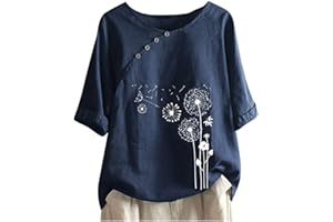 FunAloe Linen Tops for Women UK Elegant Summer Tops Casual Cotton and Linen Dandelion Print Button-Down O-Neck Short Sleeve T-Shirt Top Fitness Basic Tops Women Loose Tops Clearance Boho Tops