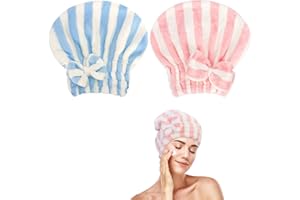 Unaone 2 Pack Microfiber Hair Drying Towels, Super Absorbent Turban Hair Towel Cap, Quick Dry Head wrap with Bow-Knot Shower Cap for for Curly, Long, Thick Hair & Wet Hair (Light Purple & Light Blue)…