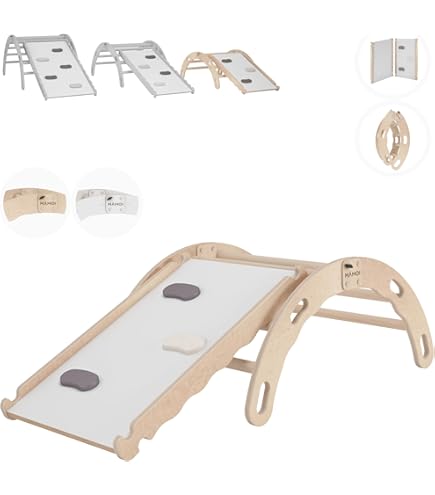 MAMOI® Montessori Klimboog met glijbaan, klimdriehoek, babyklimmen, houten boog voor kinderen, glijplank voor speelplaats, klimrek voor binnen vanaf 1 jaar, 2/3 jaar, Montessori