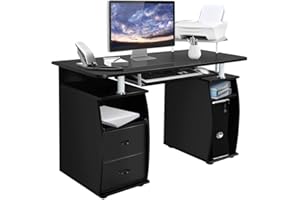 COSTWAY Biurko komputerowe z szufladami, wysuwana półka na klawiaturę, półka na drukarkę i stojak na procesor, biurko z miejscem do przechowywania, stół biurowy, stół roboczy, stół komputerowy do