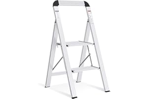 KINGRACK 2 Step Ladder with Handrail, Non-Slip Household Ladder with Folding Safety, Aluminium Folding Step Stool, Maximum Load 150 kg, Silver
