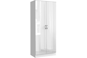 NERA FURNISHINGS Nera White Gloss 2 Door Wardrobe with Hanging Rail and Shelves Bedroom Furniture Storage W 76 x D 46 x H 180 cm
