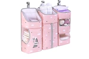 AMO NENES Organisateur de Couches Suspendu Détachable Sac de Rangement à Suspendre pour Lit de Bébé et Table à Langer Caddie à Couches Bebe avec 3 Poches et 7 Compartiments pour Couches et Jouet, Rose