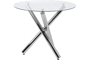 JEFFORDOUTLET Round Dining Table, 90 cm Glass Safe Table Top with Chrome Stylish Stable Table Legs,Kitchen Table