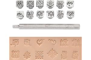Cikonielf 12 Stück Leder Stempel Leder Prägestempel Set Leder Punzieren Leather Carving Craft DIY Punch Embossing Beveler Tools Kit für Heimwerker, Lederhandwerk, Drucken