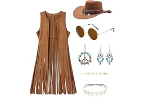 kasahara 7pcs Hippie Kostüm Damen Set Cowgirl Kostüm Hippie Tassel Weste 70er Jahre Outfit Cowboy Hut Halloween Mottoparty Karneval Faschingskostüme