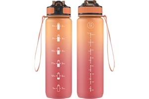 NAVTUE Water Bottle, 1L Sports Water Bottle with Straw, Time Markings, Leak Proof, Tritan BPA free for School/Cycling/Running (OrangeRed)
