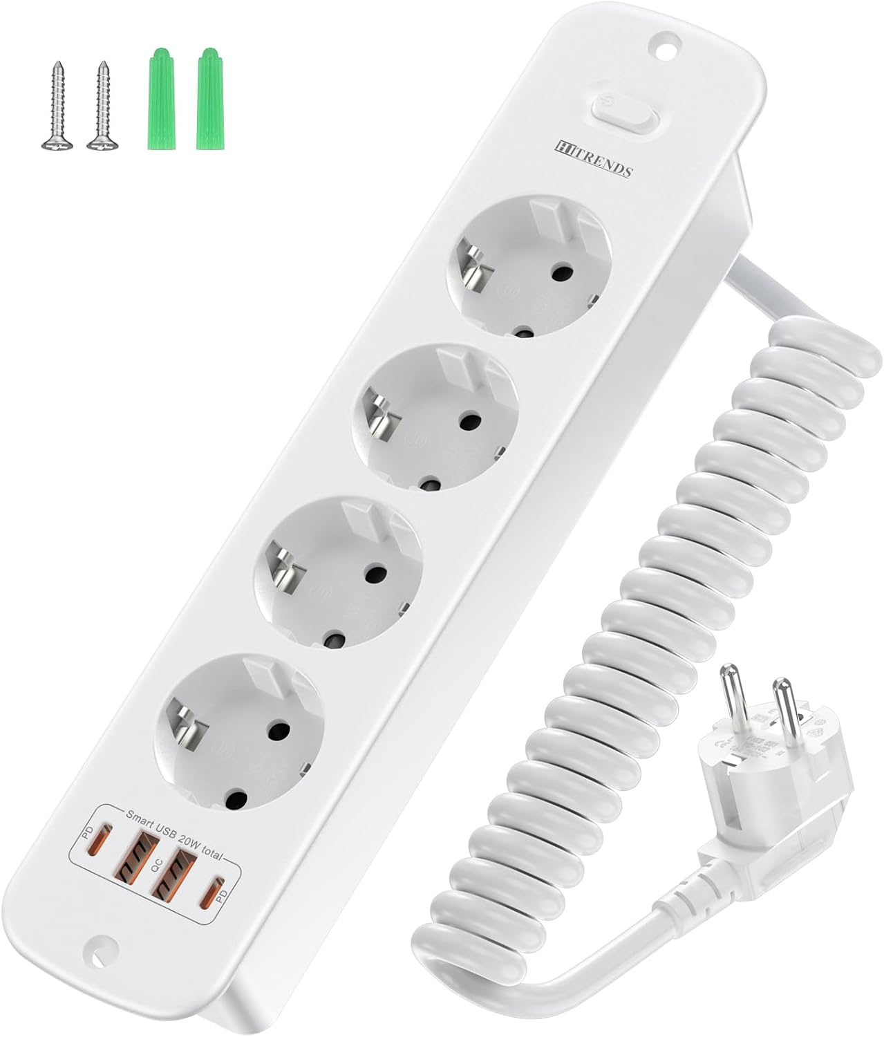 Regleta de mesa plegable con 4 enchufes y 4 puertos USB (2 USB A + 2 Type-C) y interruptor, enchufe de montaje para mesa con cable en espiral de 2 m, 4000 W/16 A, para oficina, oficina en casa