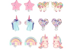 Powerking Ohrclips für Mädchen, Mädchenschmuck-Anziehohrringe und Prinzessin Play Ohrclips für Kinder, 6 Paare (Einhorn Ohrring)