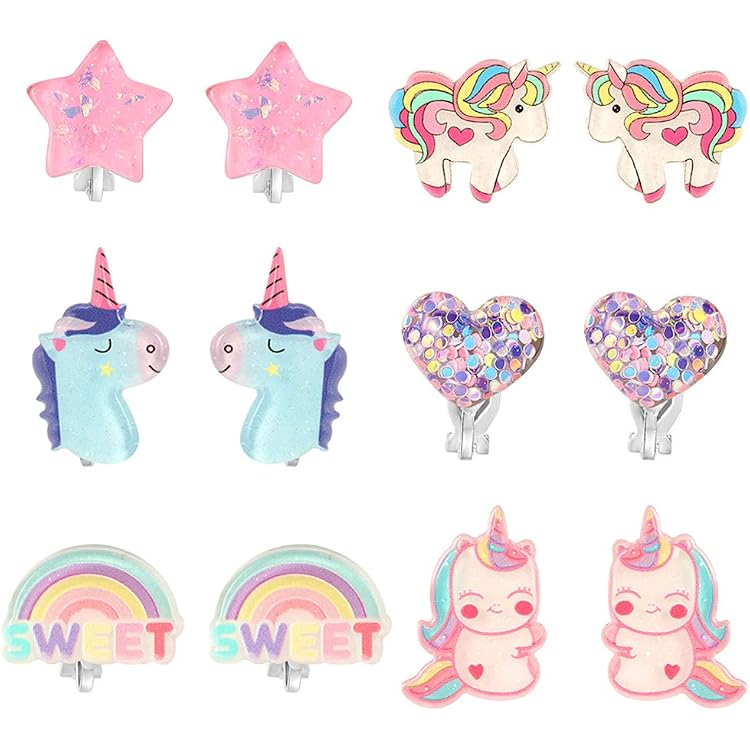 Boucles D'Oreilles Clip Licorne Pour Filles - 6 Paires Arc-en-Ciel Diamant - Cadeau Enfant