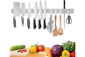 ‎TRHILLSBRAD Trhillsbrad Magnetic Strip Knife, 60 cm Magnetic Knife Holder with 3 Hooks, Stainless Steel Knife Rail, Self-Adhesive, Silver Wall Mount, Magnetic Strip, No Drilling, Knife Holder