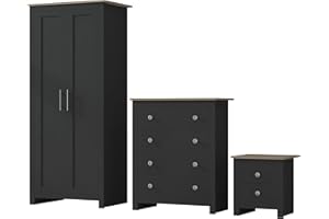 Nera 3 Piece Bedroom Furniture Set Wardrobe 4 Drawer Chest and Bedside Cabinet Bedroom Storage (Grey on Oak)