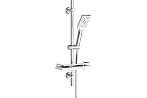 Görbach Colonne de Douche avec Étagère Douche, Barre de Douche INOX 70 cm Ensemble de Douche avec Douchette à main 3 Jets et Tuyau pour Salle de Bain, Rectangulaire, Chromée