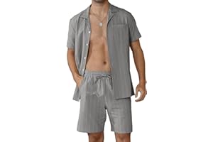 Ryehack Ensemble Homme Ete Lin Coton 2 Pièces Hawaien Chemise Short Rayé Plage Set Bouton Vacances M-3XL