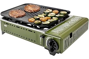 Amig - Camping Gas - Cocina Portátil - Hornillo Grill - Parrilla De Fundición De Aluminio - Con Bandeja Recoge Grasas De Acero Inoxidable - 1,8 Kw Potencia - Cartuchos B-250