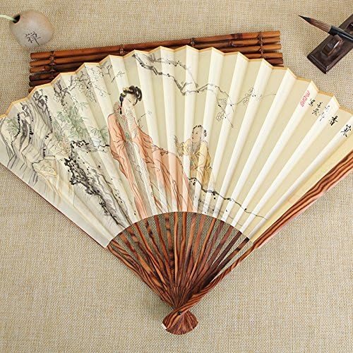 GUYOUYY Folding fan/9.5 inch/pear pear teeth man folding fan/white paper fan/gift China fan hand-painted Buddha,12.5 inch yellow pear cold incense