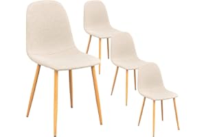 FurnitureR Juego de 4 sillas de Comedor tapizadas de Lino Minimalista, Silla Auxiliar sin Brazos Que Ahorra Espacio en la Cocina. Asiento con Respaldo Alto y Pata de Metal Roble Claro, Beige